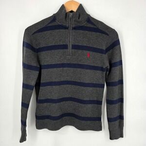 Polo Ralph Lauren Boys Grey Navy Blue Striped Quarter Zip Sweater Size M 10-12